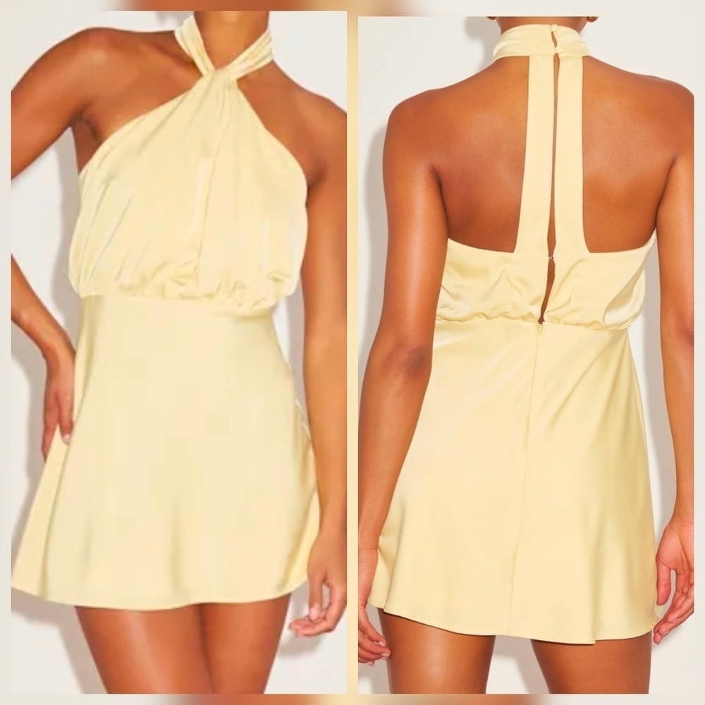 Lulus Sleek Essence Light Yellow Medium Satin Halter Sleeveless Mini Dress